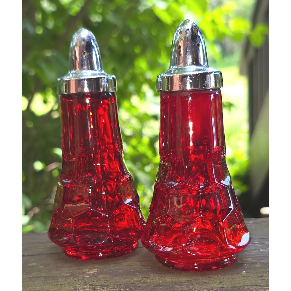 Vintage Viking Glass Ruby Red Salt and Pepper Shakers Set